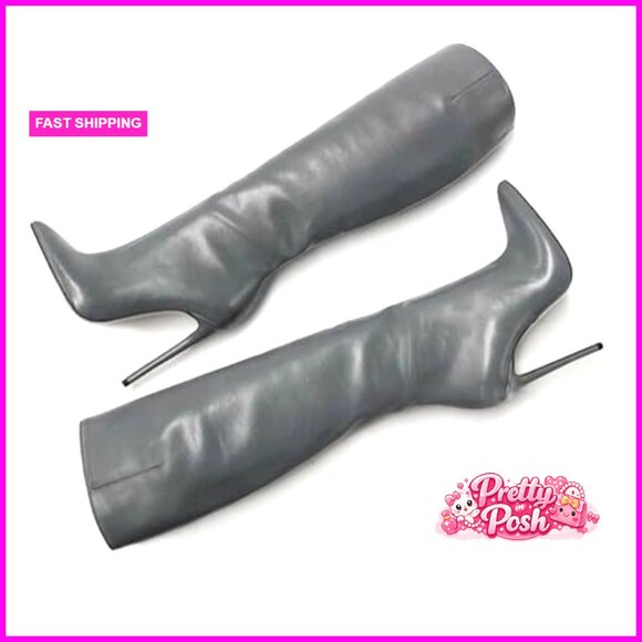 Knee High Boots Women Stiletto Heel Pointed Toe Back Zipper PU Leather - Picture 2 of 6